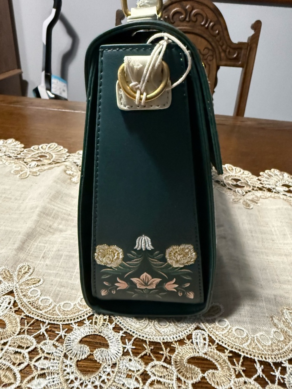 Loungefly Bridgerton Dark Green Floral Embroidered Top-Handle Satchel - Picture 4 of 6